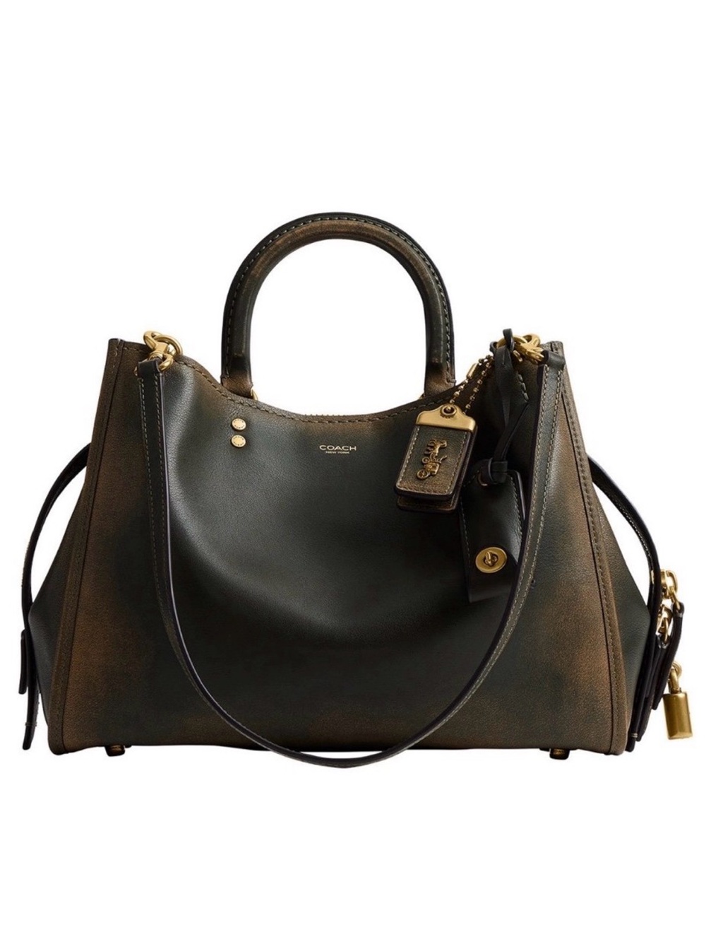 Coach Loved Leather Rogue 31 Bag Brass/Green Rub-off Soft Full Grain Leather NWT